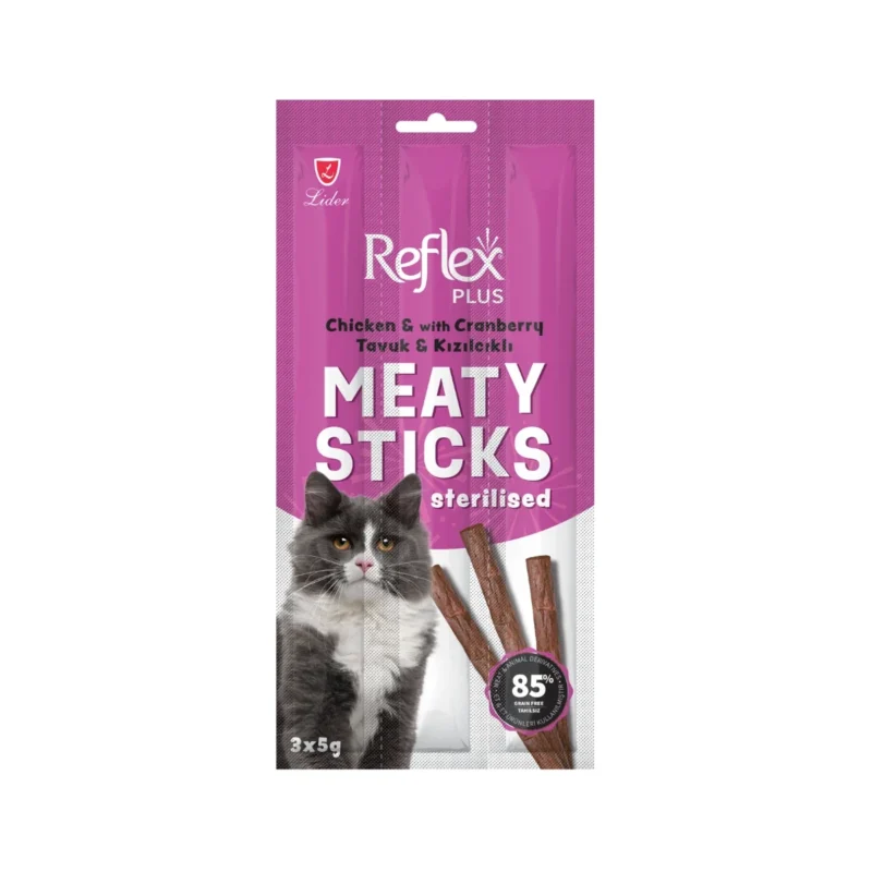Reflex Meaty Sticks kısırlaştırılmış kediler için tavuklu kızılcıklı ödül çubukları 3x5g ambalaj