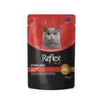 Reflex Plus biftekli kısırlaştırılmış kedi yaş maması, jöle içinde et parçacıklı 85 g mama kabı