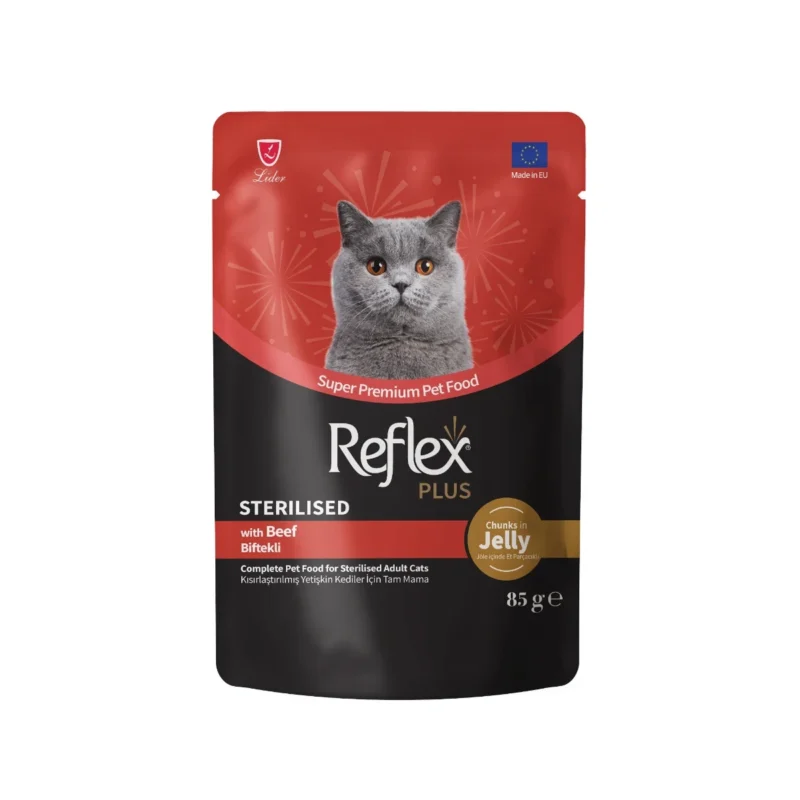 Reflex Plus biftekli kısırlaştırılmış kedi yaş maması, jöle içinde et parçacıklı 85 g mama kabı