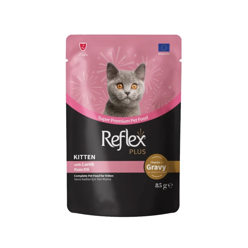 Reflex Plus yavru kedi için sos içinde kuzu etli yaş mama 85 g, et parçacıklı besleyici kedi maması