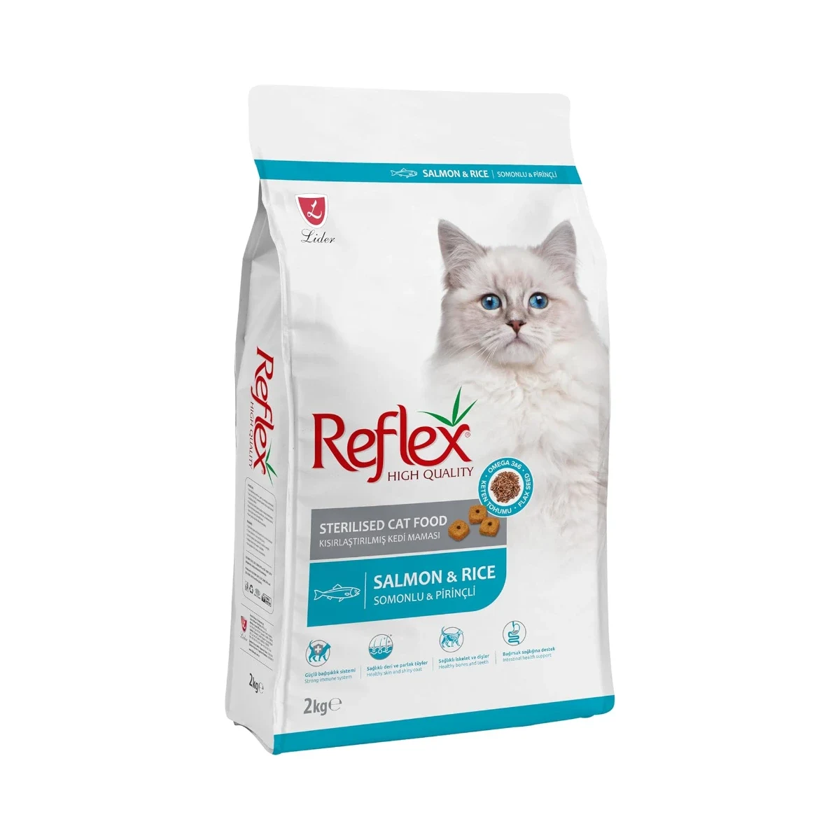 Reflex Somonlu ve Pirinçli Kısırlaştırılmış Yetişkin Kedi Maması 2 kg Kedi Reflex somonlu ve pirinçli kısırlaştırılmış yetişkin kedi maması 2 kg ambalajı
