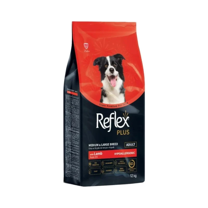 Reflex Plus kuzu etli ve pirinçli orta ve büyük ırk yetişkin köpek maması 12 kg ambalaj görseli