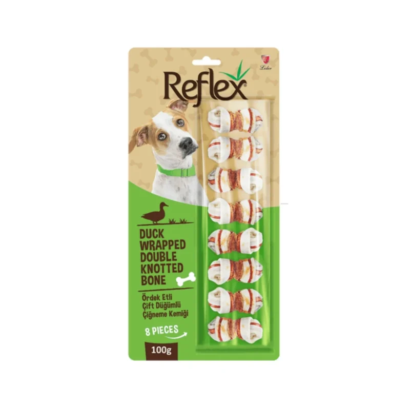 Reflex ördek etli çift düğümlü çiğneme kemiği, 8 parça 100g köpek ödül kemiği