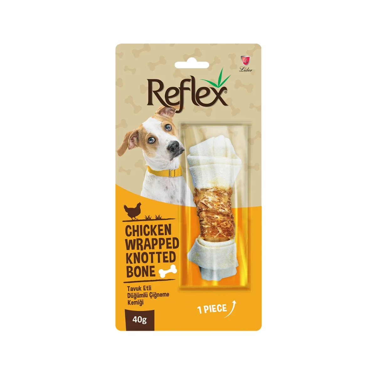 Reflex Tavuk Etli Düğümlü Tek Parça Çiğneme Kemiği 40 g Köpek Reflex tavuk etli düğümlü tek parça çiğneme kemiği 40g, köpekler için doğal ve lezzetli atıştırmalık.