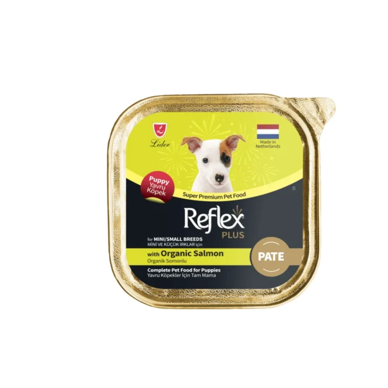 Reflex Plus Pate organik somonlu mini ve küçük ırk yavru köpekler için 85g ıslak mama torbası