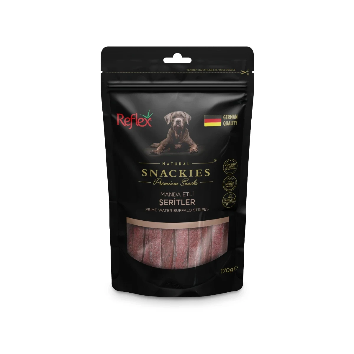 Reflex Snackies Manda Etli Şeritler 170 g Köpek Reflex Snackies Manda Etli Şeritler 170g – Köpekler için doğal, lezzetli ve besleyici ödül maması