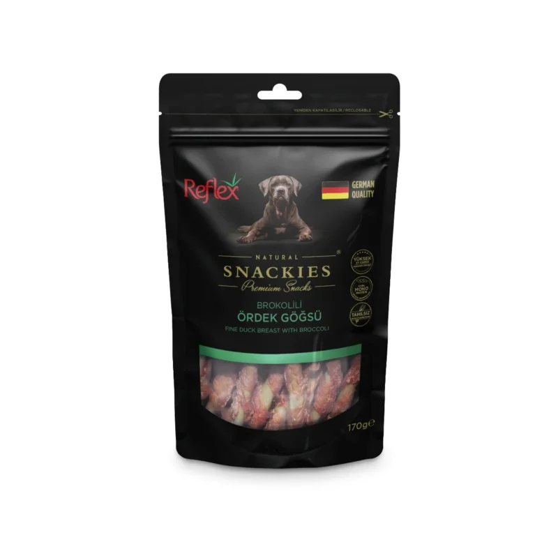 Reflex Snackies Brokolili Ördek Göğsü 170g köpek ödülü, doğal ve sağlıklı atıştırmalık