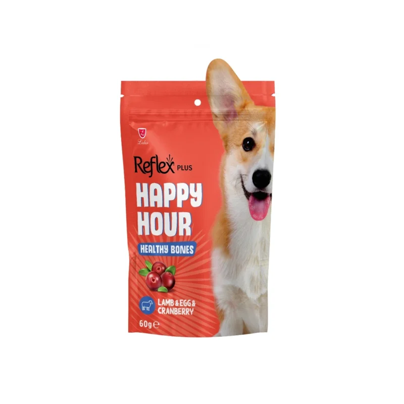 Reflex Plus Happy Hour köpek ödülü, sağlıklı kemikler için destekleyici 60 g doğal atıştırmalık.