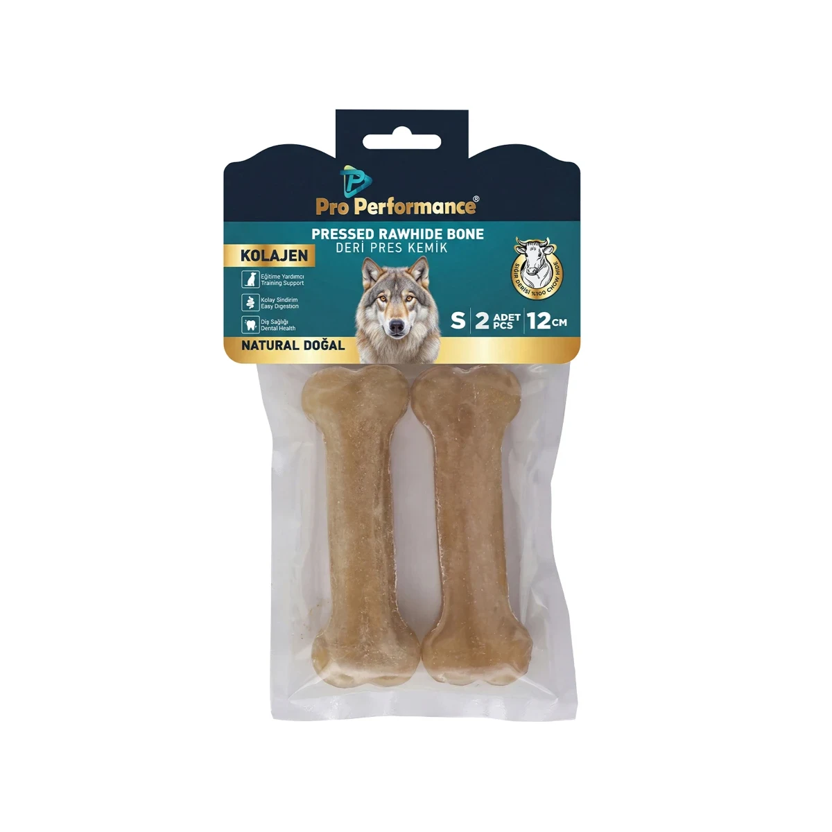 Pro Performance Deri Pres Kemik Naturel S 12 cm (2’li) Köpek Pro Performance naturel deri pres kemiği, S beden 12 cm, profesyonel kullanım için dayanıklı ve kaliteli malzeme