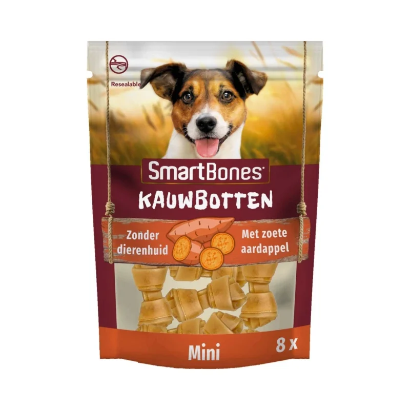 SmartBones Tatlı Patatesli Mini Köpek Ödül Kemiği 8'li, ham deri içermez, sindirimi kolay ve ağız sağlığını destekler.