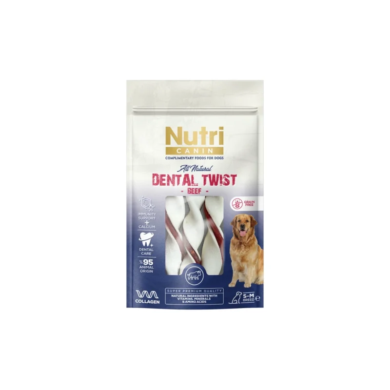 Nutri Canin Dental Twist Sığır Etli S/M köpek diş ödülü 80g, ağız sağlığını destekleyen burgu şekilli atıştırmalık
