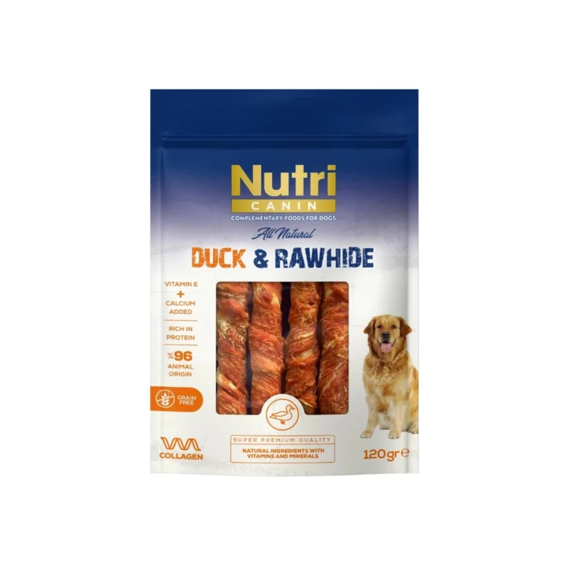 Nutri Canin Rawhide Snack Ördek Etli 120g köpek ödülü, doğal ham deri ve ördek etiyle hazırlanmış sağlıklı atıştırmalık