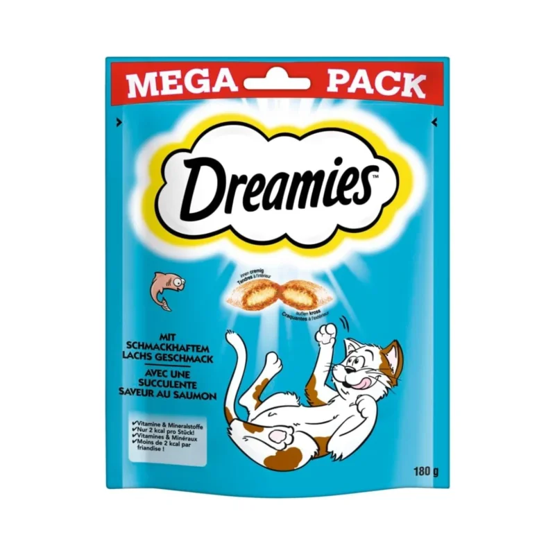 Dreamies Mega Somonlu Yetişkin Kedi Ödül Maması 180g paketi, çıtır dolgulu lezzetli kedi ödülü