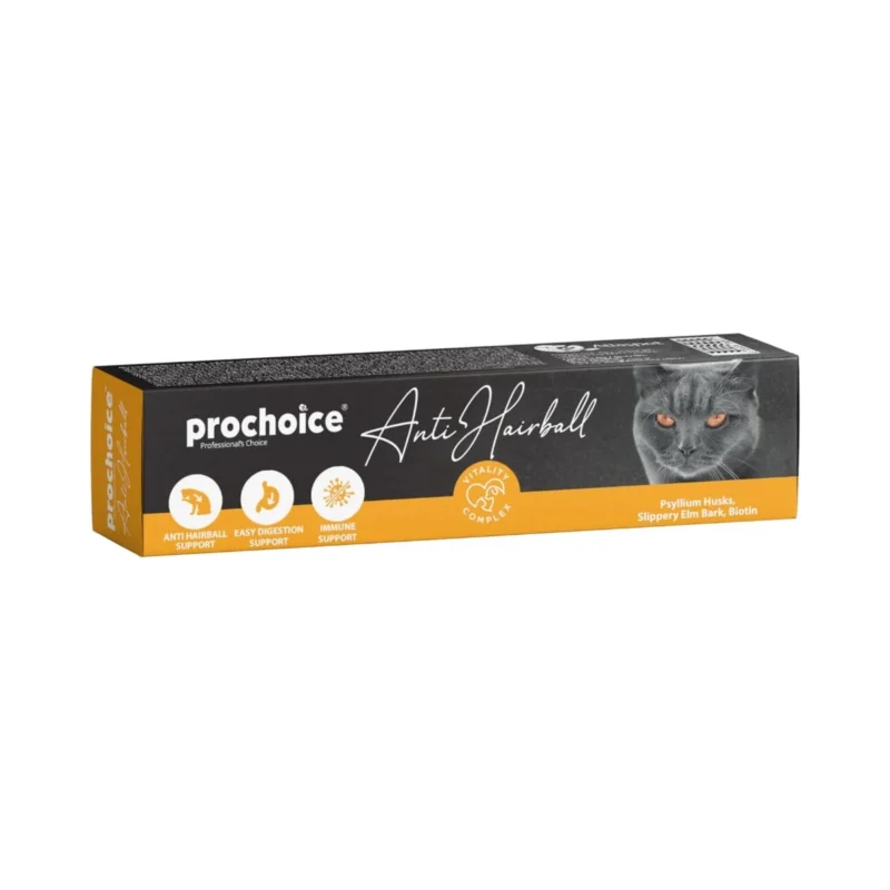 Prochoice Antihairball malt macun tüp ve kedi görseli, tüy yumağı önleyici 100 mL ürün detayı