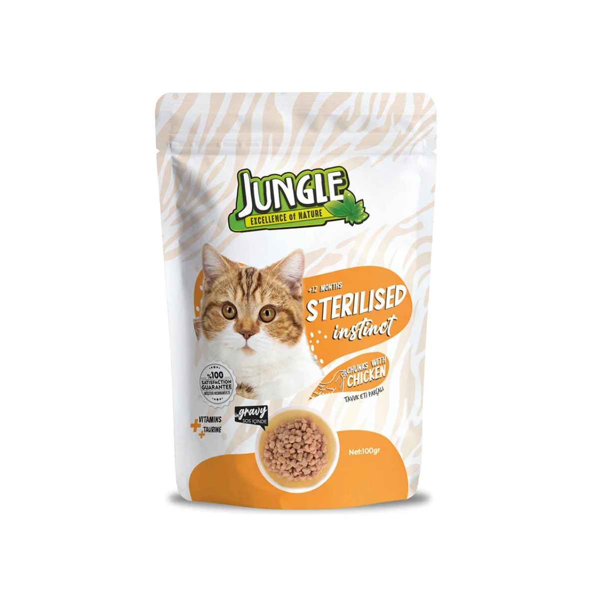 Jungle Kısır Kedi Tavuklu Yaş Mama 100 g Kedi Jungle Kısır Kedi Tavuklu Yaş Mama 100 g – Kısırlaştırılmış kediler için besleyici tavuklu ıslak mama