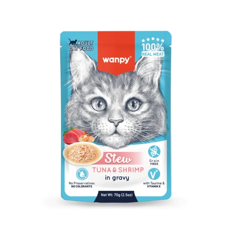 Wanpy ton balıklı ve karidesli 70g yaş kedi maması poşet, yetişkin kediler için besleyici ıslak mama