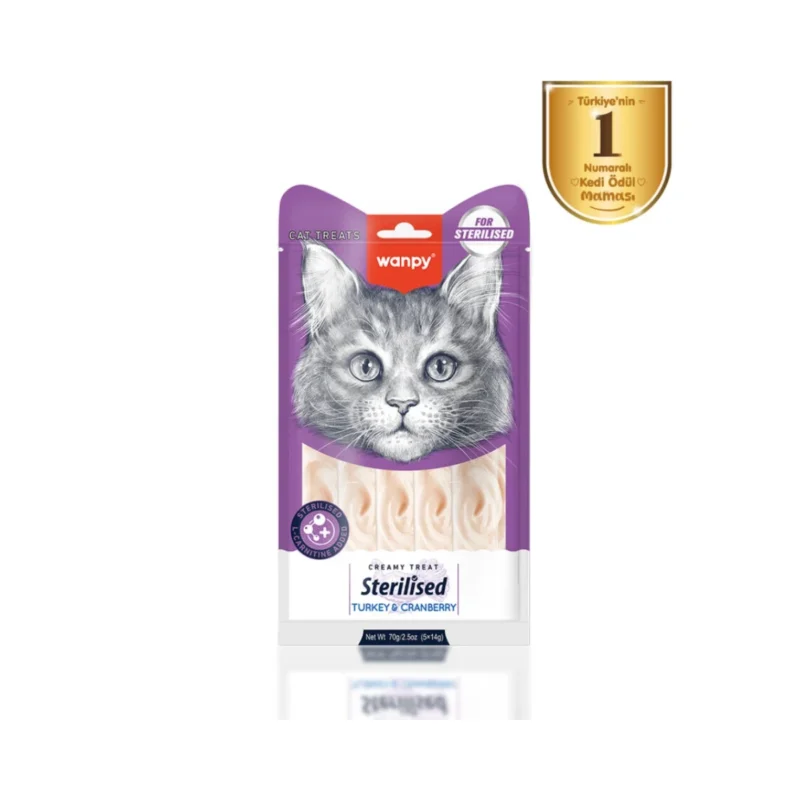 Wanpy Hindi & Kızılcıklı Kısırlaştırılmış Kedi Krema Ödülü 5x14g, 12'li paket sağlıklı atıştırmalık