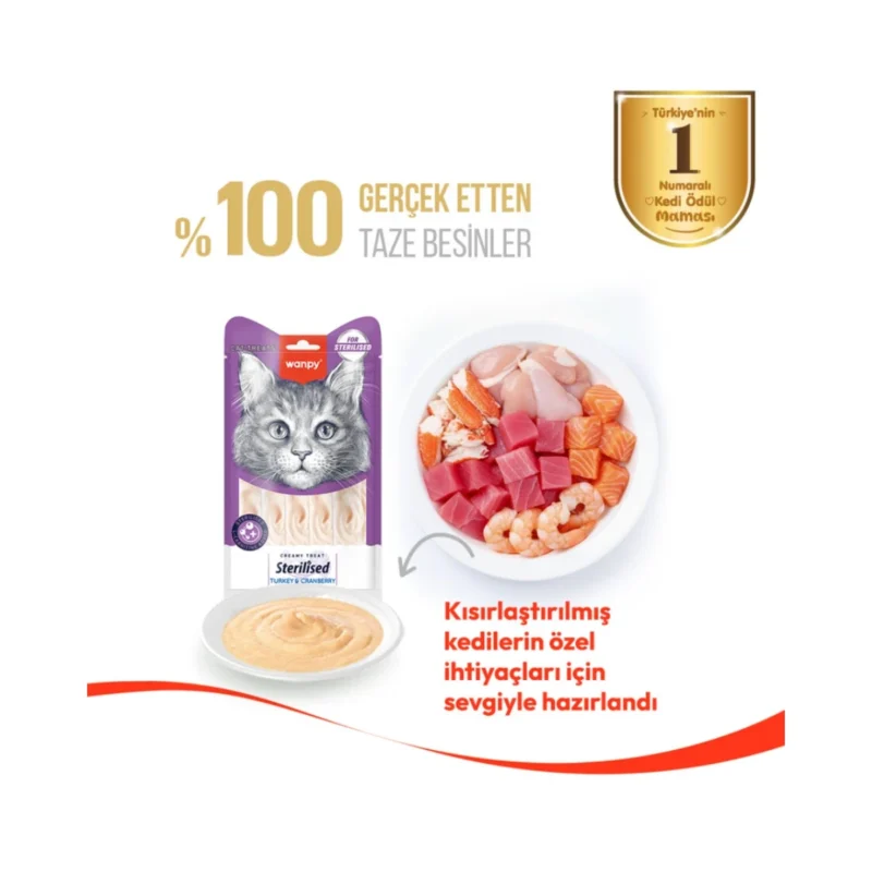 Wanpy Hindi Kızılcıklı Kedi Kreması kısırlaştırılmış kediler için 5x14g lık 12'li paket ödül maması