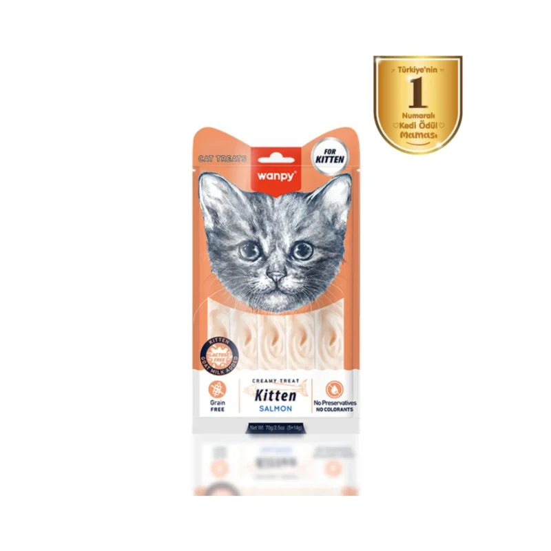 Wanpy somonlu yavru kedi krema ödülü 5x14g, sağlıklı ve lezzetli atıştırmalık mama paketi