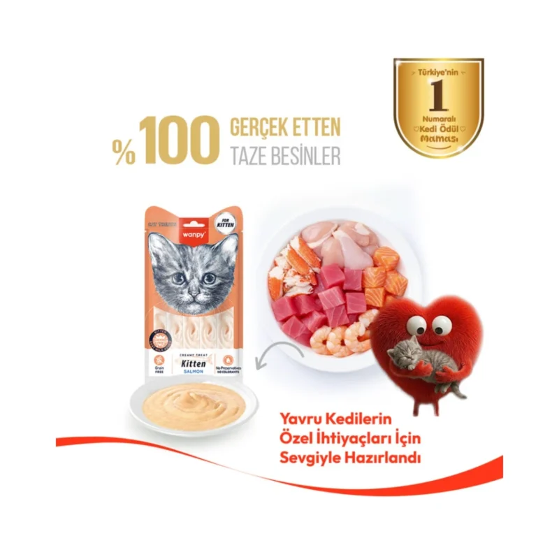 Wanpy somonlu yavru kedi kreması 5x14g porsiyon ambalaj detayı