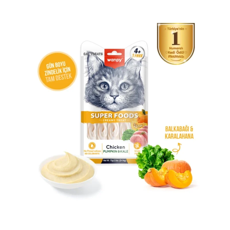 Wanpy Superfood krema kedi ödülü balkabağı ve kara lahana içerikli 5x14g poşet ambalaj görseli