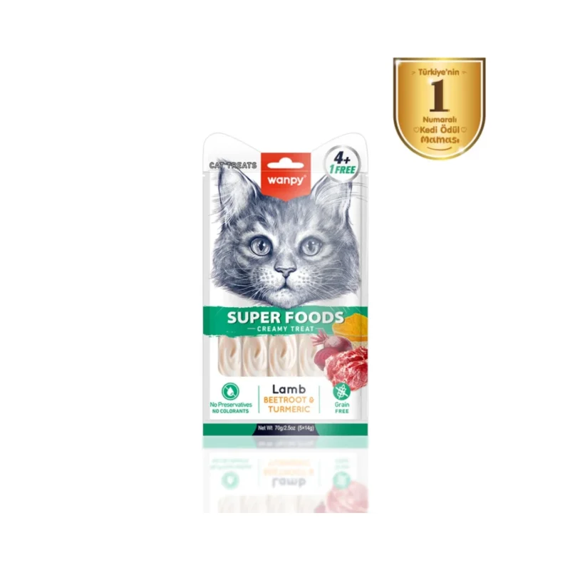 Wanpy Superfood kuzulu, pancar ve zerdeçal krema kedi ödülü, 5x14 g küçük paketlerde doğal içerikli lezzet.