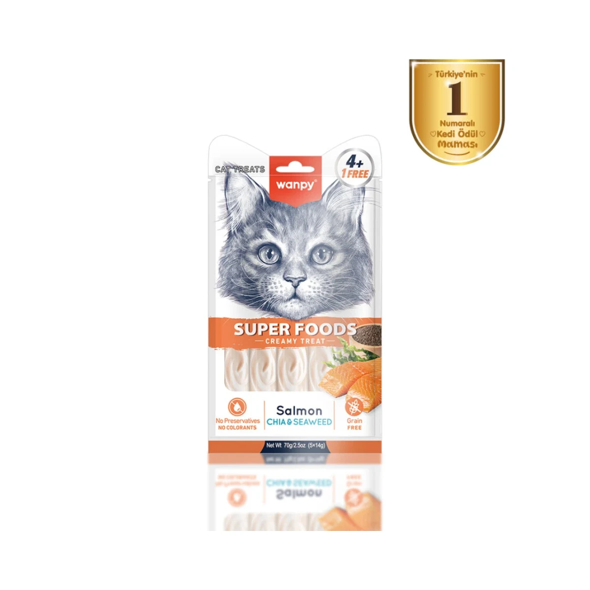 Wanpy Superfoods Somonlu, Chia&Deniz Yosunlu Krema Kedi Ödülü 5×12 g Kedi Wanpy Superfood somonlu, chia ve deniz yosunlu kedi ödül kreması 5x12 g, doğal malzemeli sağlıklı atıştırmalık