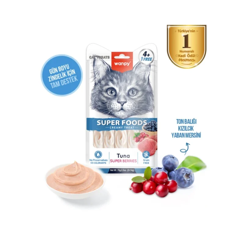 Wanpy Superfood ton balıklı krema kedi ödülü, yaban mersini ve kızılcık içerikli sağlıklı atıştırmalık