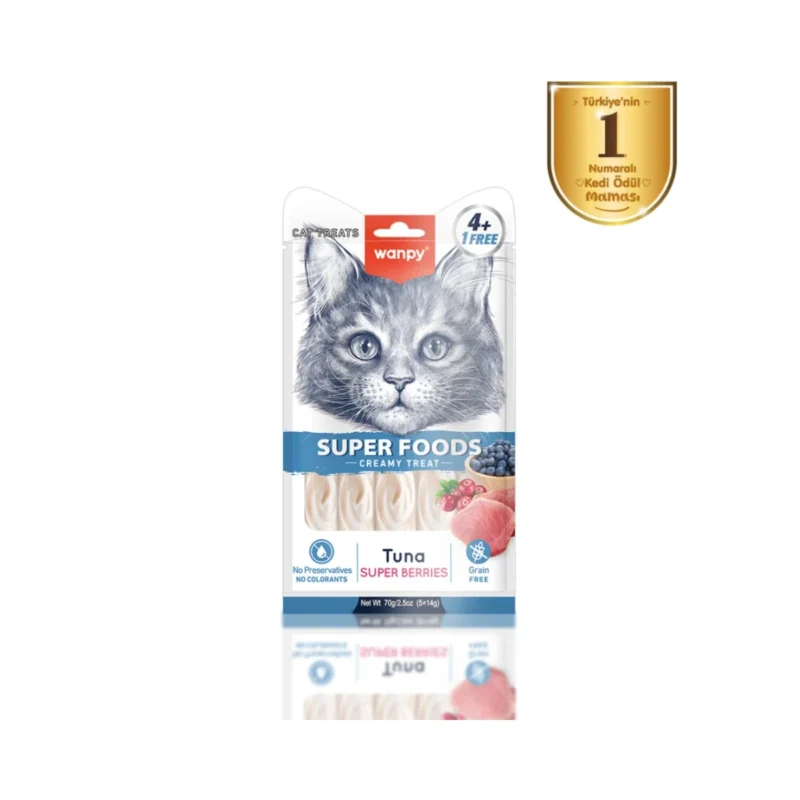 Wanpy Superfood ton balıklı, yaban mersini ve kızılcıklı krema kedi ödülü 5x14g, doğal içerikli sağlıklı atıştırmalık