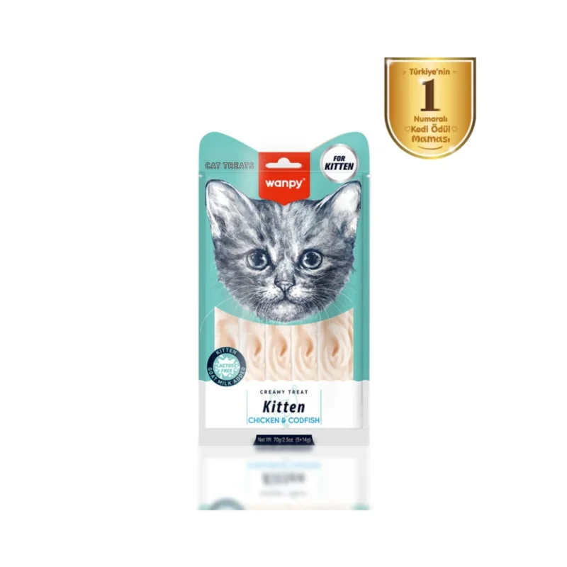 Wanpy tavuklu ve morinalı yavru kedi krema ödülü 5x14 g, besleyici ve lezzetli sıvı atıştırmalık
