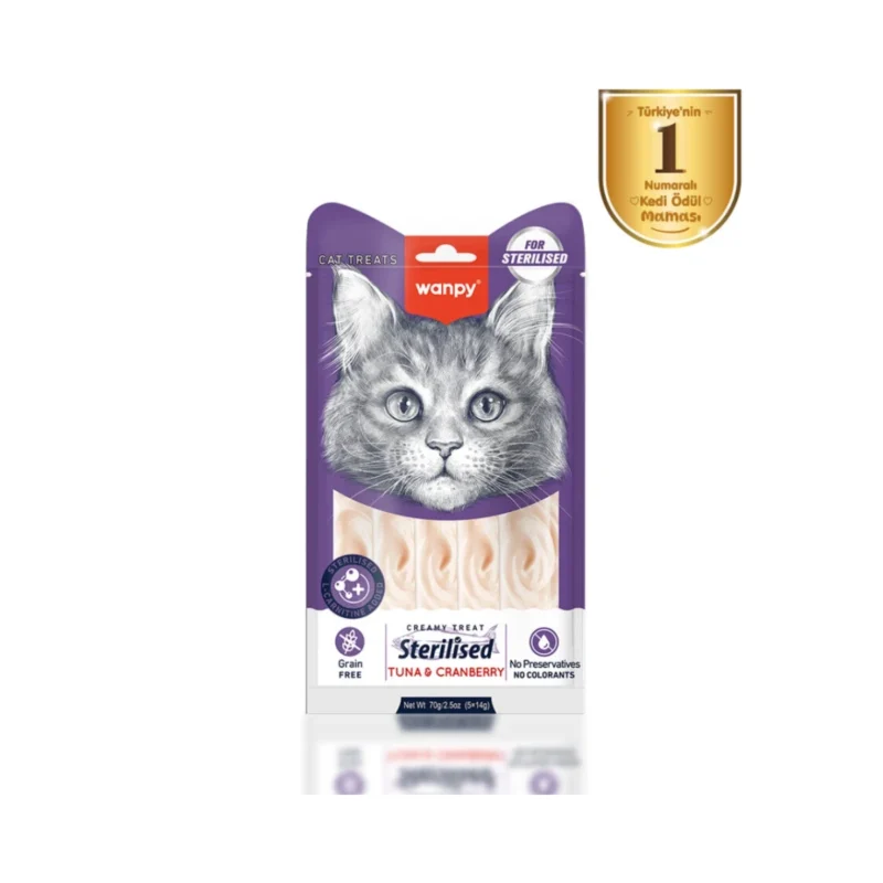 Wanpy ton balıklı kızılcıklı kısırlaştırılmış kedi krema ödülü, 5x14 g pratik paket