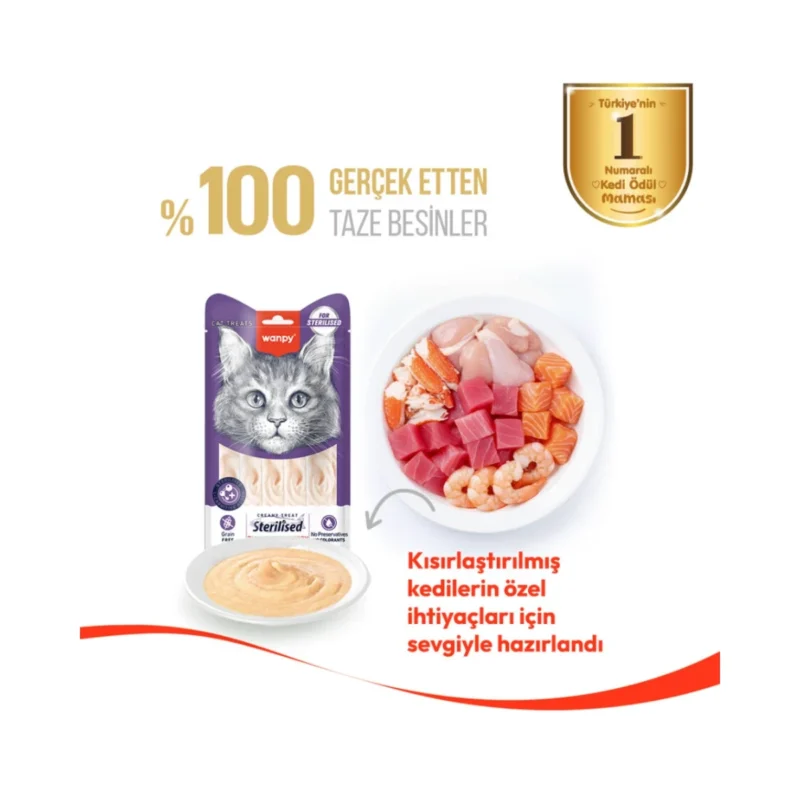 Wanpy ton balıklı kızılcıklı kısırlaştırılmış kedi krema ödülü 5x14g porsiyon paket görseli