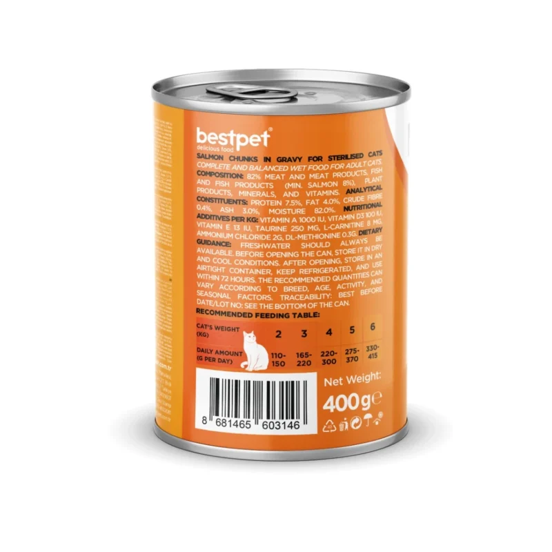 Bestpet somonlu yetişkin kedi maması 400g sos içinde et parçacıkları yakın çekim görsel