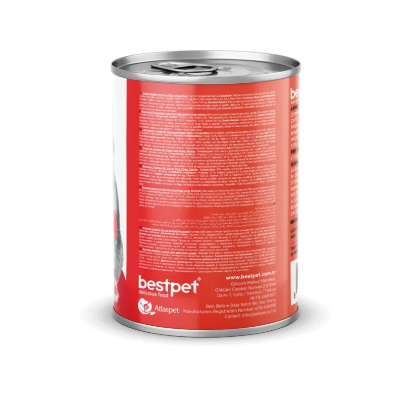 Bestpet kuzu etli kedi maması soslu et parçacıkları yakın çekim 400 g ambalaj detay görseli
