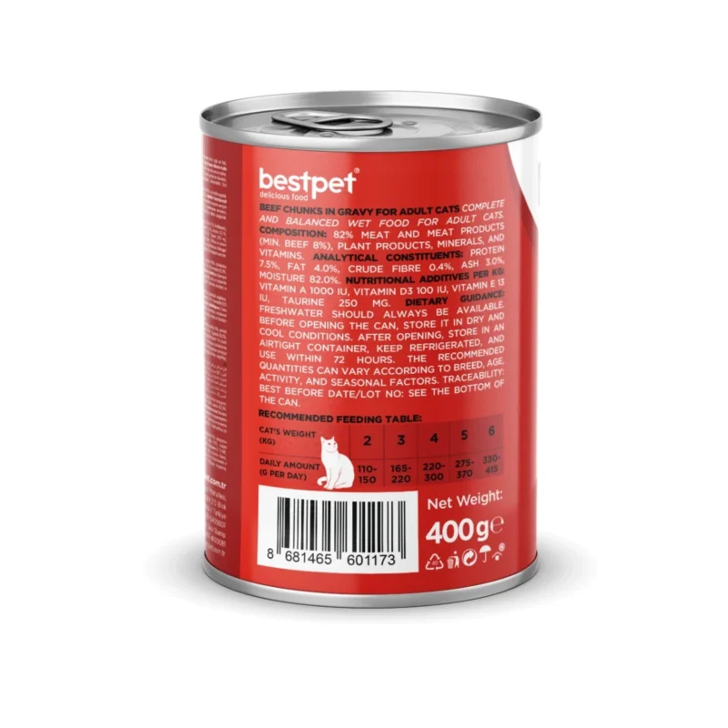 Bestpet sığır etli kedi maması 400g sos içinde et parçacıkları yakın çekim