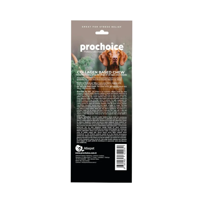 Prochoice Collagen Based Chew köpek ödülü, çiğneme sırasında doğal kolajen içeriğiyle eklem sağlığını destekler.