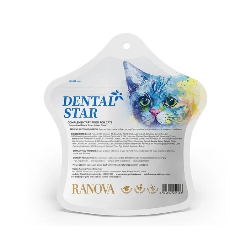 Ranova Dental Star kedi ödülü, dondurularak kurutulmuş karışık içerik, 36 g ambalaj yakın görünüm