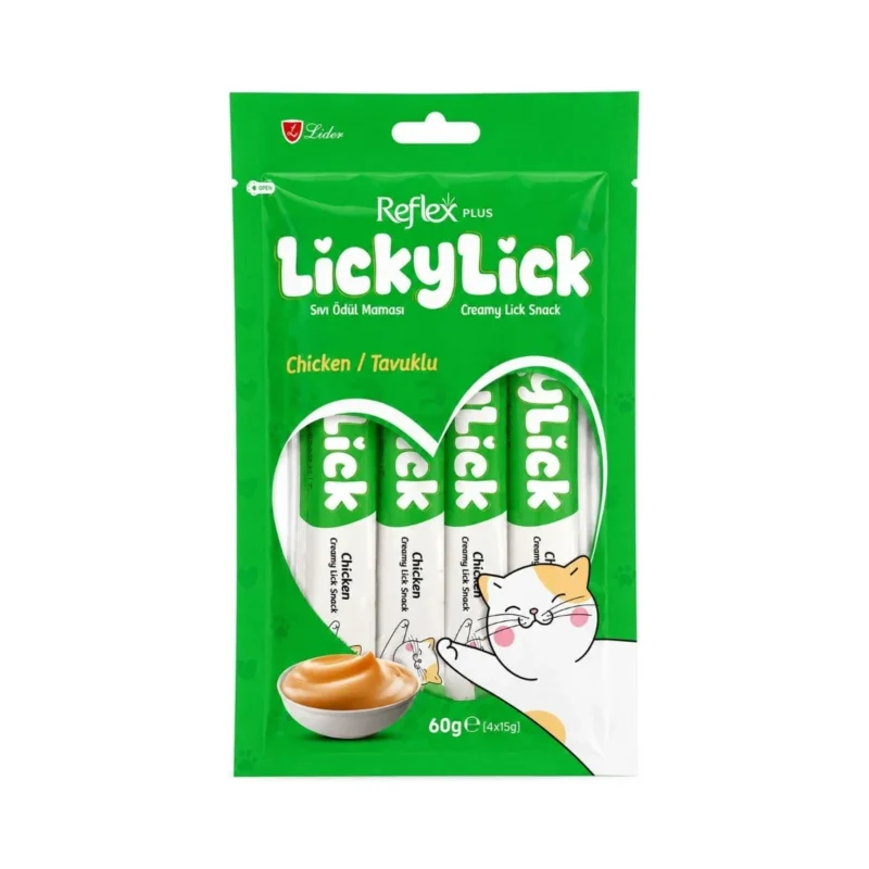 Reflex Plus Licky Lick kediler için tavuklu sıvı ödül maması, 4x15 g pratik paket, besleyici ve lezzetli atıştırmalık