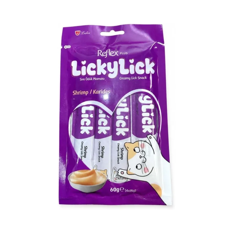 Reflex Plus Licky Lick karidesli sıvı kedi ödül maması 4x15 g, doğal içerikli lezzetli atıştırmalık