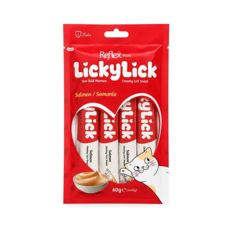 Reflex Plus Licky Lick somonlu sıvı kedi ödül maması 4x15g, kediler için lezzetli likit atıştırmalık