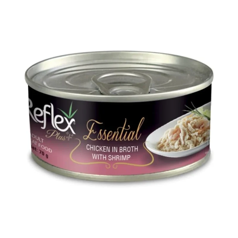 Reflex Plus Essential tavuk ve karidesli kedi maması, et suyu içinde 70g porsiyon
