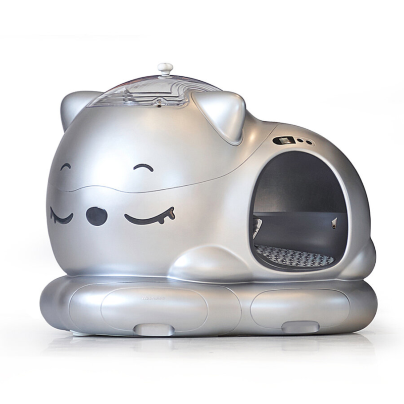 WooHuloo Pro Otomatik Kedi Tuvaleti Cool Silver – Temiz ve modern tasarımlı otomatik temizlenen akıllı kedi tuvaleti