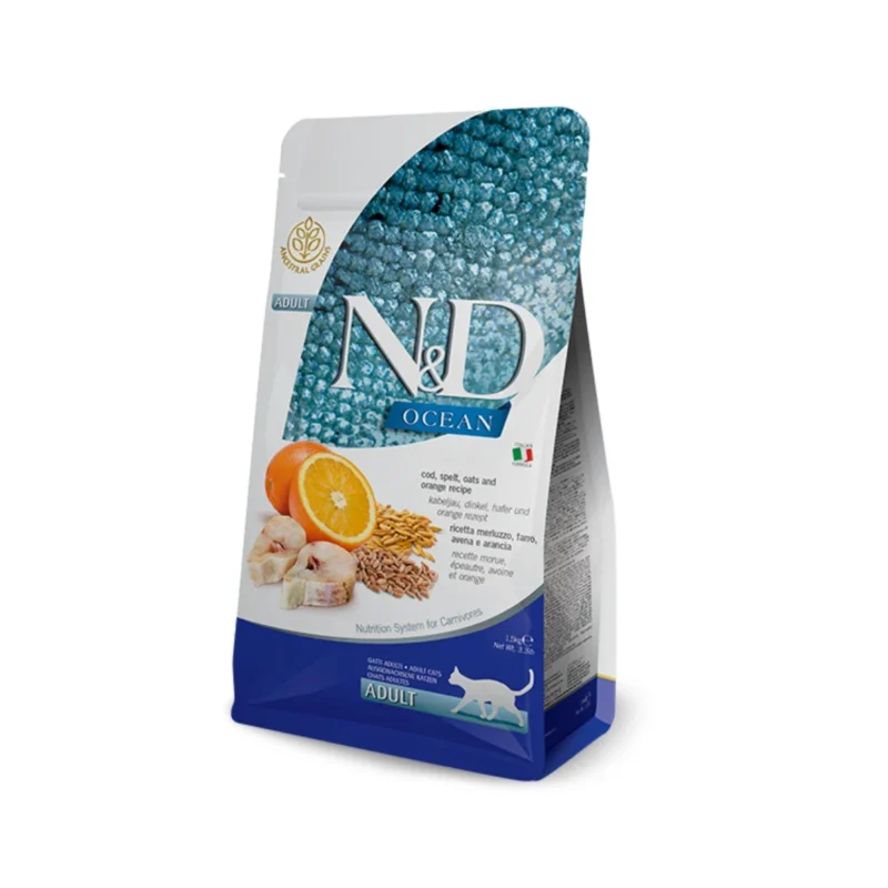 N&D Ocean Yetişkin Kedi Morina Balıklı Yazılı Buğday ve Yulaf İçeren Tahıllı Mama 1,5 Kg