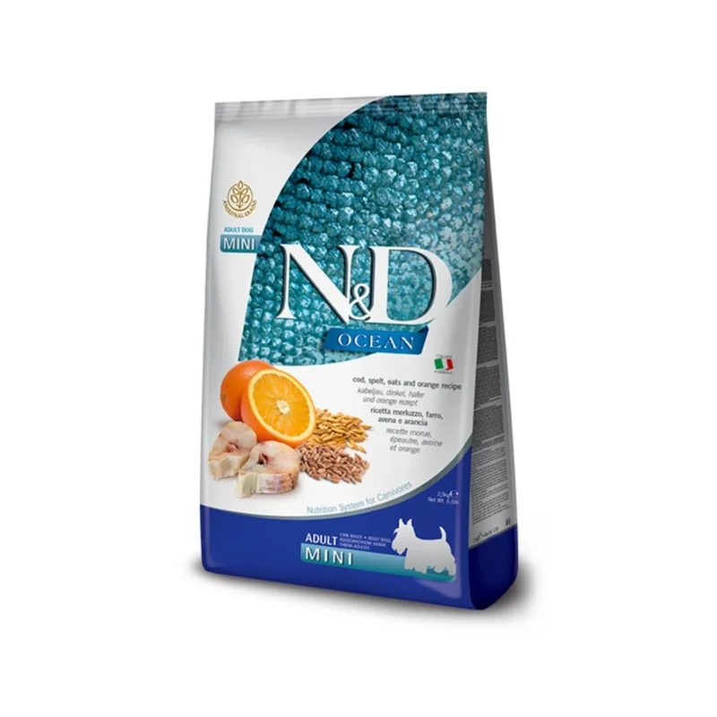 N&D Ocean Mini Yetişkin Köpek Maması Morina Balığı, Yazılım, Yulaf ve Portakal 2,5 Kg