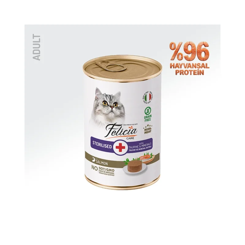 Felicia tahılsız ezme somonlu kısırlaştırılmış yetişkin kedi yaş mama 400 g ambalajı