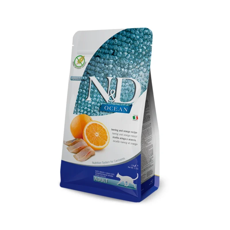 N&D Ocean Cat Ringa Balığı ve Portakallı Yetişkin Kedi Maması 1,5 Kg tahılsız doğal içerik