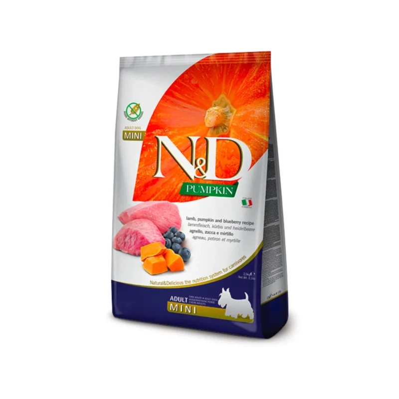 N&D Pumpkin köpek maması kuzu ve yaban mersini içerikli yetişkin mini ırk köpekler için 2,5 kg paket