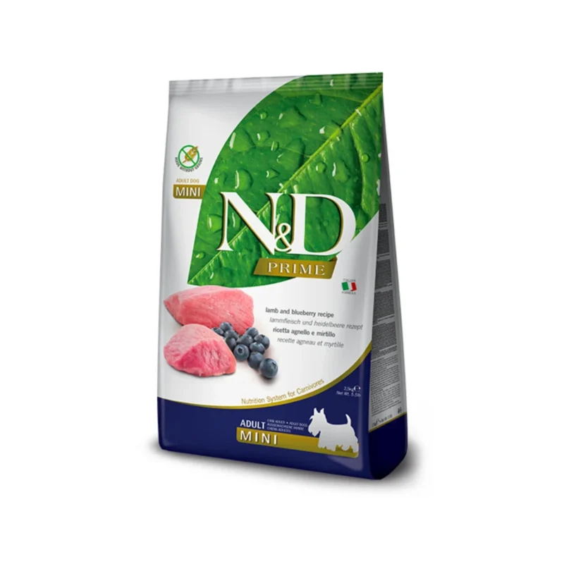 N&D Prime Mini Irk Yetişkin Köpek Kuzu Etli & Yabanmersinli Tahılsız Köpek Maması 2,5 Kg