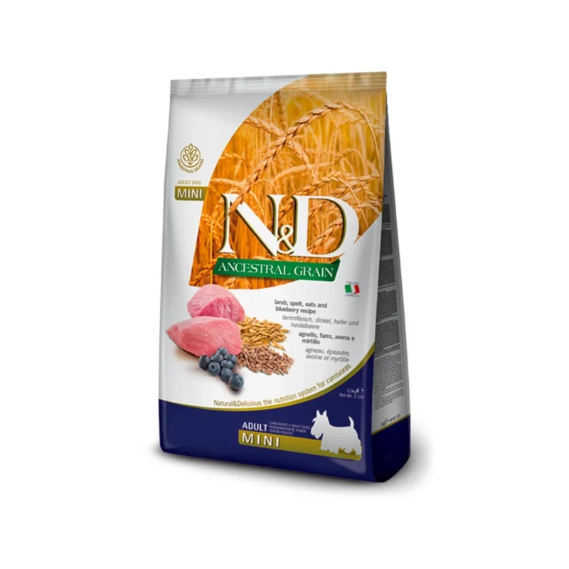 N&D Ancestral Grain Mini Yetişkin Köpek Maması kuzu etli 2,5 kg ambalaj yakın çekim görünümü