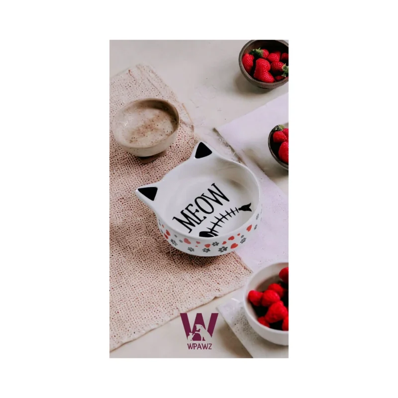 Wpawz Meow seramik kedi mama kabı 300 mL yan görünüm, dayanıklı ve şık tasarım